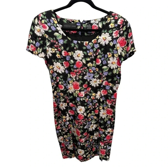 August Silk Women's Black Floral Short Sleeve Scoop Neck Back Zip Dress Size 8 - Picture 1 of 3